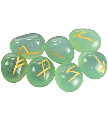 Color treated Aquamarine Runes featuring gold colored Elder Futhark runes.