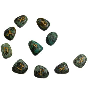 Turquoise Runes engraved with gold colored Elder Futhark Runes.