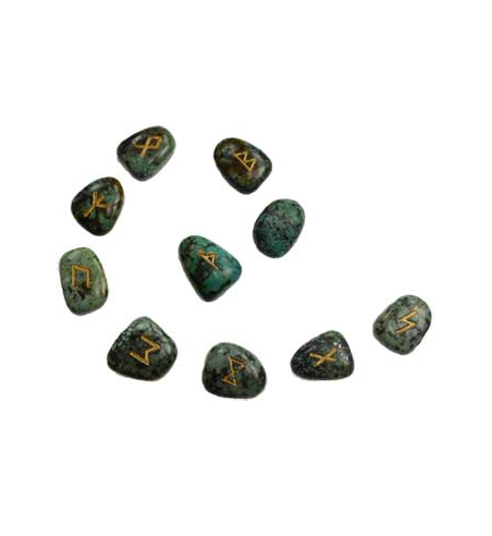 Turquoise Runes engraved with gold colored Elder Futhark Runes.