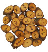 Honey Locust rune set featuring the Elder Futhark burned onto slices of a Honey Locust branch. Set includes rune bag.