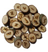 Oak rune set featuring the Elder Futhark burned onto slices of an Oak branch. Rune set comes with a black velveteen pouch.