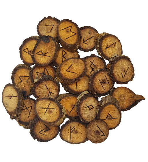 Walnut rune set featuring the Elder Futhark burned onto slices of a Walnut branch. Rune set comes with a black velveteen pouch.