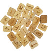 Wooden Rune Tiles with featuring gold Elder Futhark runes. Set includes purple pouch and booklet.