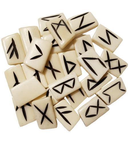 Bone runes made of buffalo bone featuring black Elder Futhark runes. Set includes a black velveteen pouch.