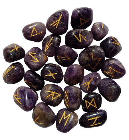 Tumbled smooth Amethyst runes feature gold colored Elder Futhark runes and come with a black velveteen rune pouch.