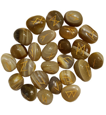 Tumbled smooth Banded Agate runes feature gold colored Elder Futhark runes and come with a black velveteen rune pouch.