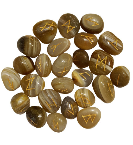 Tumbled smooth Banded Agate runes feature gold colored Elder Futhark runes and come with a black velveteen rune pouch.