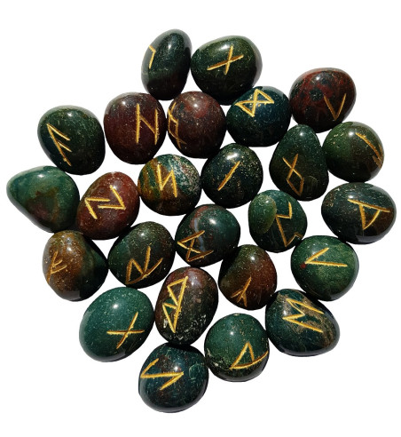 Tumbled smooth Bloodstone stone runes feature gold colored Elder Futhark runes and come with a black velveteen rune pouch.