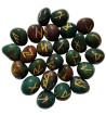 Tumbled smooth Bloodstone stone runes feature gold colored Elder Futhark runes and come with a black velveteen rune pouch.