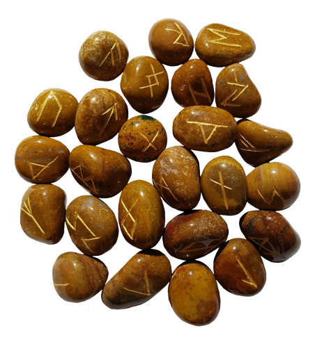 Tumbled smooth Camel Agate runes feature gold colored Elder Futhark runes and come with a black velveteen rune pouch.