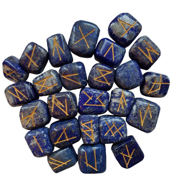 Blue Lapis rune stone set with gold colored Elder Futhark runes.  Rune set comes with a black velveteen rune pouch.