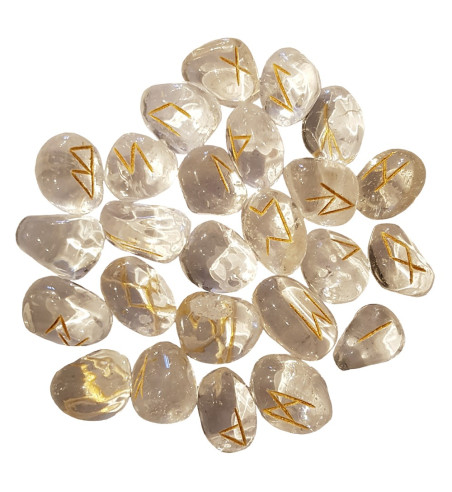 Tumbled smooth Crystal runes feature gold colored Elder Futhark runes and come with a black velveteen rune pouch.