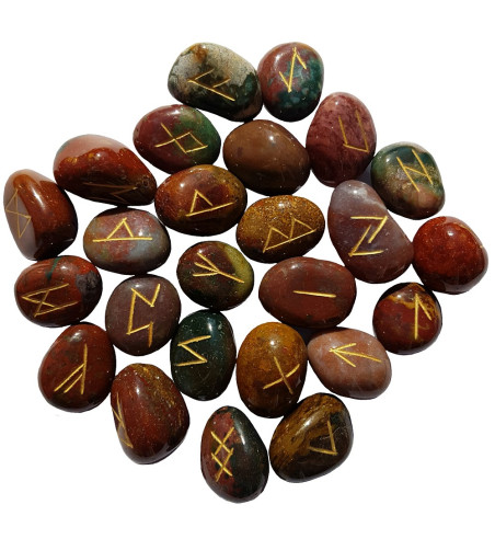 Fancy Agate runes feature gold colored Elder Futhark runes and come with a black velveteen rune pouch.