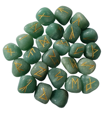 Tumbled Green Aventurine runes feature gold colored Elder Futhark runes and come with a black velveteen rune pouch.