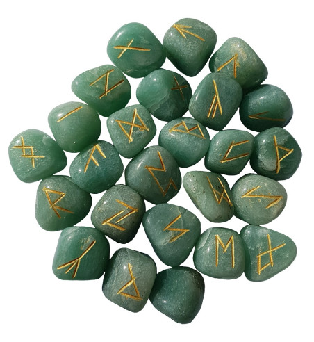 Tumbled Green Aventurine runes feature gold colored Elder Futhark runes and come with a black velveteen rune pouch.