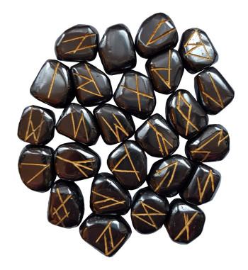 Tumbled Hematite stone runes feature gold colored Elder Futhark and come with a black velveteen rune pouch.