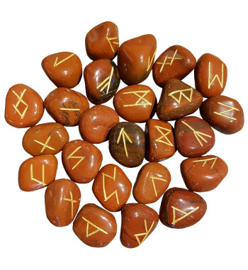 Red Jasper runes feature gold colored Elder Futhark runes.  Each rune set comes with a black velveteen rune bag.