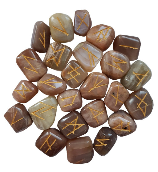 Moonstone rune set with Elder Futhark runes in gold lettering.  Set of 25 stones includes a black rune bag.