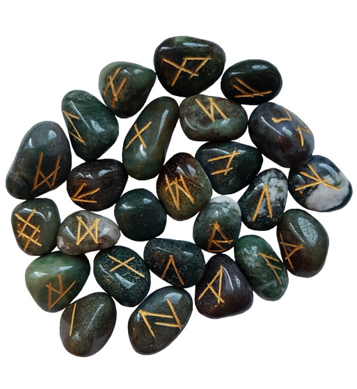 Moss Agate rune stones engraved with the Elder Futhark colored gold.  Each set comes with a black rune pouch.