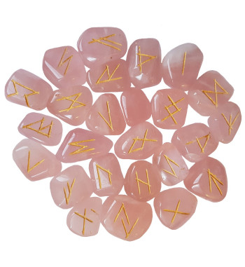 Large smooth Rose Quartz runes feature gold colored Elder Futhark runes and come with a black velveteen rune pouch.