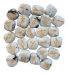 White Rainbow Moonstone runes feature gold colored Elder Futhark runes.  Each set of runes comes with a black rune pouch.