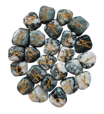 Tree Agate runes feature gold colored Elder Futhark runes and come with a black velveteen rune pouch.