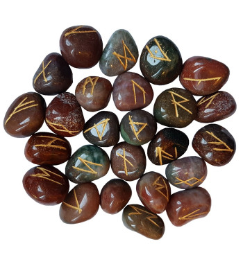 Fancy Jasper runes feature gold colored Elder Futhark runes and come with a black velveteen rune pouch.