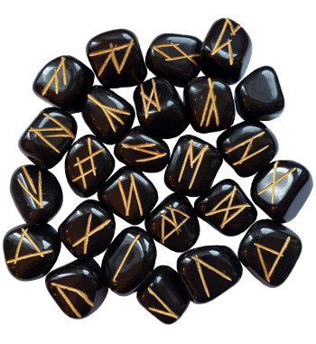 Black Jasper runes feature gold colored Elder Futhark runes.  Each set comes with a black velveteen rune pouch.