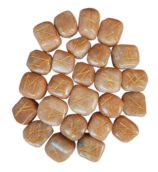 Cream Moonstone Runes made of large moonstones engraved with the Elder Futhark runes.  Set includes rune bag.