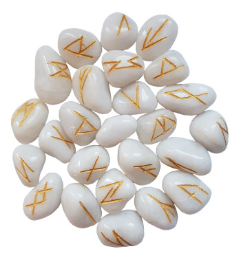 White Quartz Runes featuring golden Elder Futhark runes.  Each set comes with a black velveteen bag.