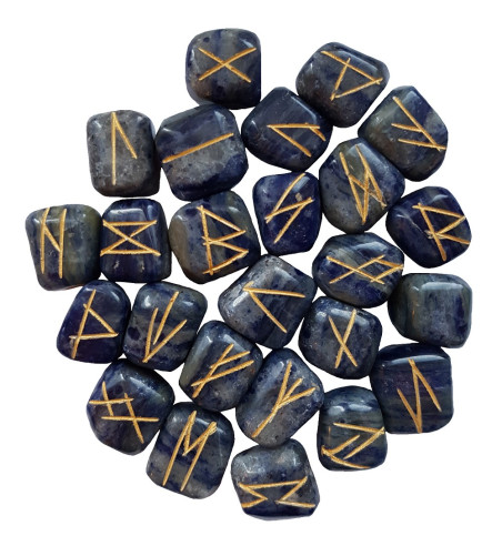 Blue Sodalite Runes with golden Elder Futhark markings.  Each set comes with a black rune pouch.