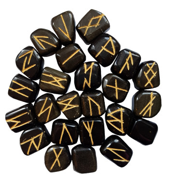 Rainbow Obsidian Runes feature golden colored Elder Futhark markings.  Each set comes with a black rune bag.