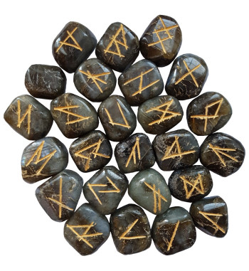 Labradorite Runes with golden Elder Futhark markings.  Each set includes a black rune bag.