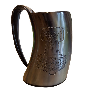 Thor's Hammer Drinking Horn Tankard showing the engraving from the side.