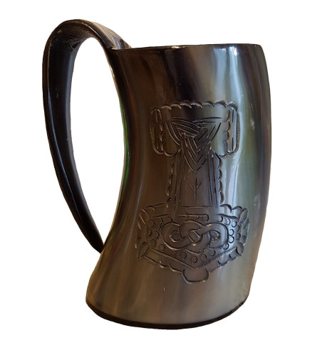 Thor's Hammer Drinking Horn Tankard showing the engraving from the side.