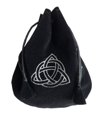 Black and silver triquetra rune bag shown closed holding a stone rune set.