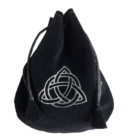 Black and silver triquetra rune bag shown closed holding a stone rune set.