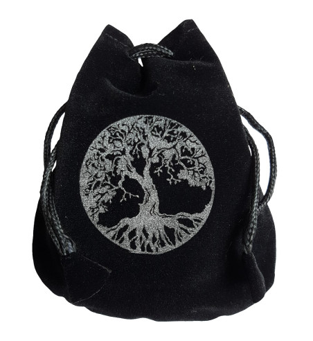 Black and silver Yggdrasil rune bag shown closed holding a stone rune set.