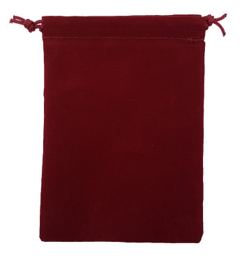 Four and a half inch by five in burgundy velveteen bag with matching drawstring.