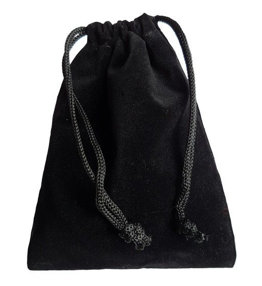 Black colored drawstring velveteen bag shown closed holding a stone rune set.