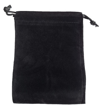 Four and a half inch by five in black velveteen bag with matching drawstring.