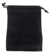 Four and a half inch by five in black velveteen bag with matching drawstring.