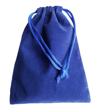 Blue colored drawstring velveteen bag shown closed holding a stone rune set.