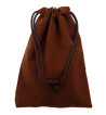 Brown colored drawstring velveteen bag shown closed holding a stone rune set.