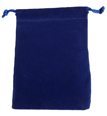 Four and a half inch by five in blue velveteen bag with matching drawstring.