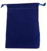 Four and a half inch by five in blue velveteen bag with matching drawstring.