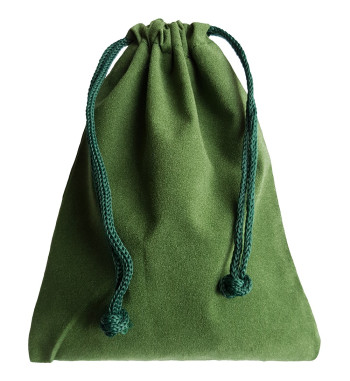 Green colored drawstring velveteen bag shown closed holding a stone rune set.