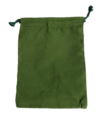 Four and a half inch by five in green velveteen bag with matching drawstring.