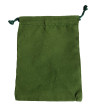 Four and a half inch by five in green velveteen bag with matching drawstring.