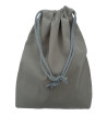 Grey colored drawstring velveteen bag shown closed holding a stone rune set.